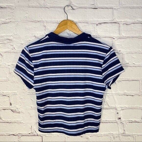 Just Polly NY Women’s Shirt Large Ribbed Blue Stripe Polo Crop Top Y2K 90’s NWOT - Picture 2 of 5